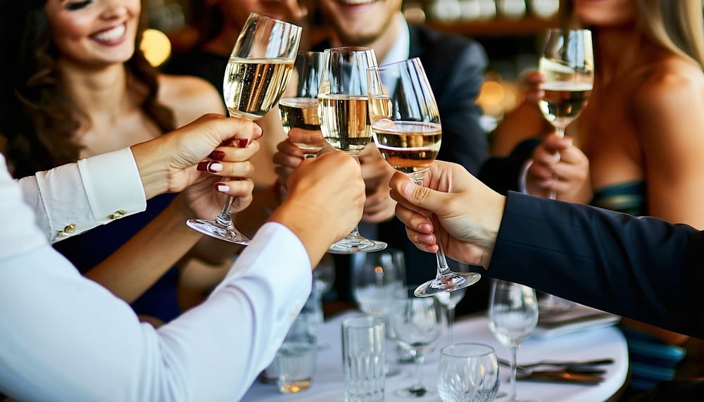 Members sharing a toast with champagne and wine Members sharing a toast with champagne and wine